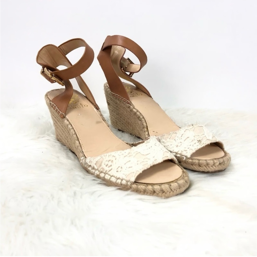Vince Camuto Lace Espadrille Wedge Sandals Tan Beige 6.5 Ankle Strap New No Box